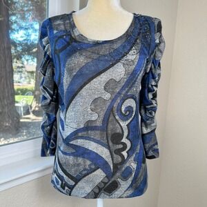 Alberto Makali Abstract Top Womens M Blue Beaded‎ Chain Neckline Biker Y2K Artsy